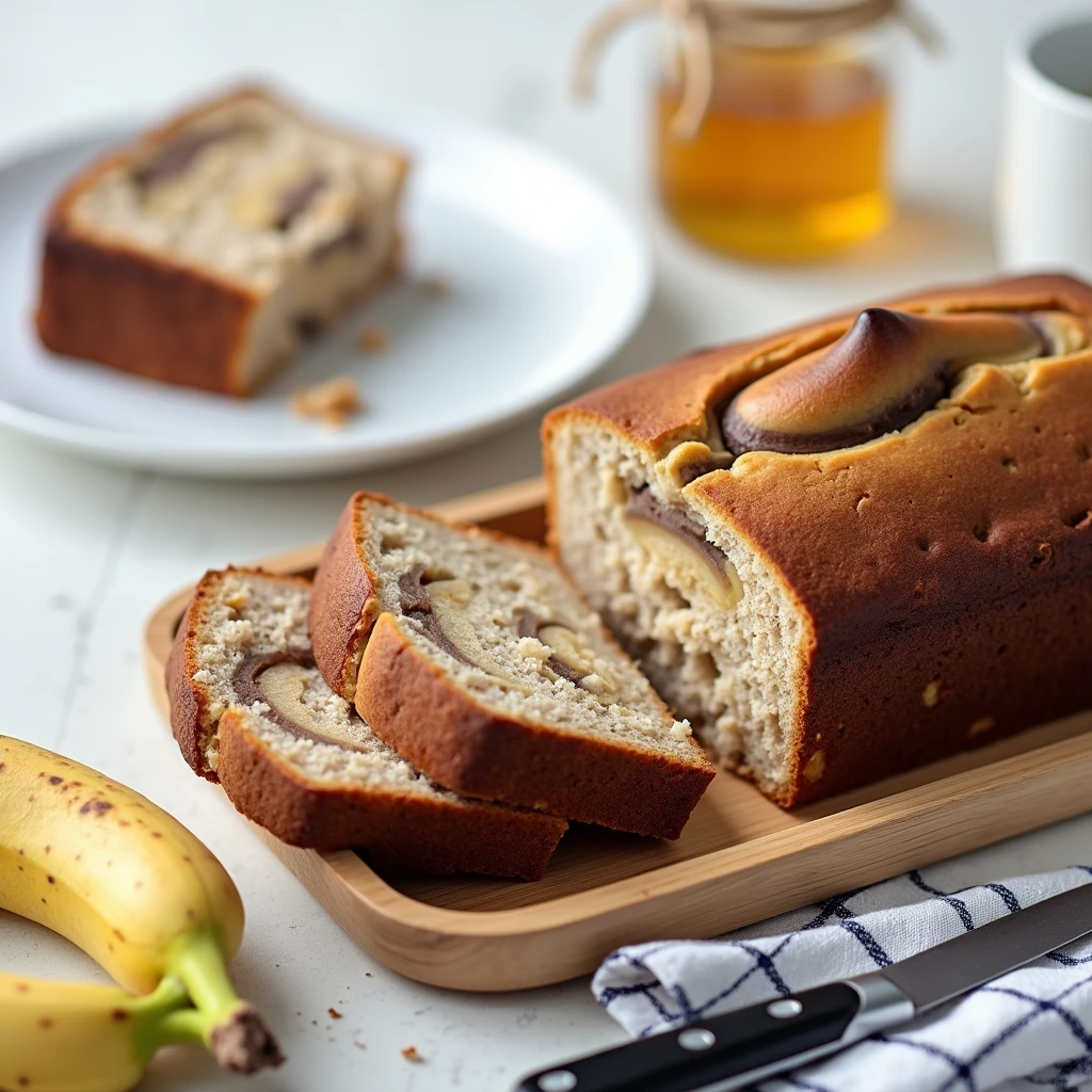 Sliced banana bread with whole banana inside on wooden tray