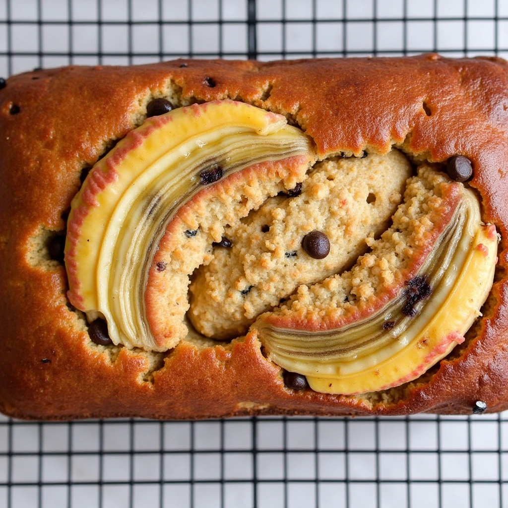 Collapsed banana bread with cracked top and banana slices