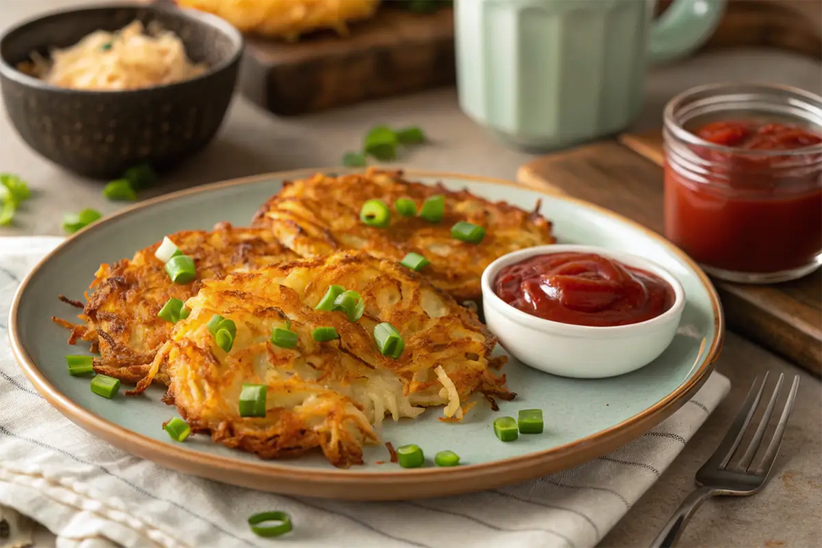 How Long Do Hash Browns Take in an Air Fryer? Two golden-brown air fryer hash browns garnished with green onions, served with ketchup on a ceramic plate."