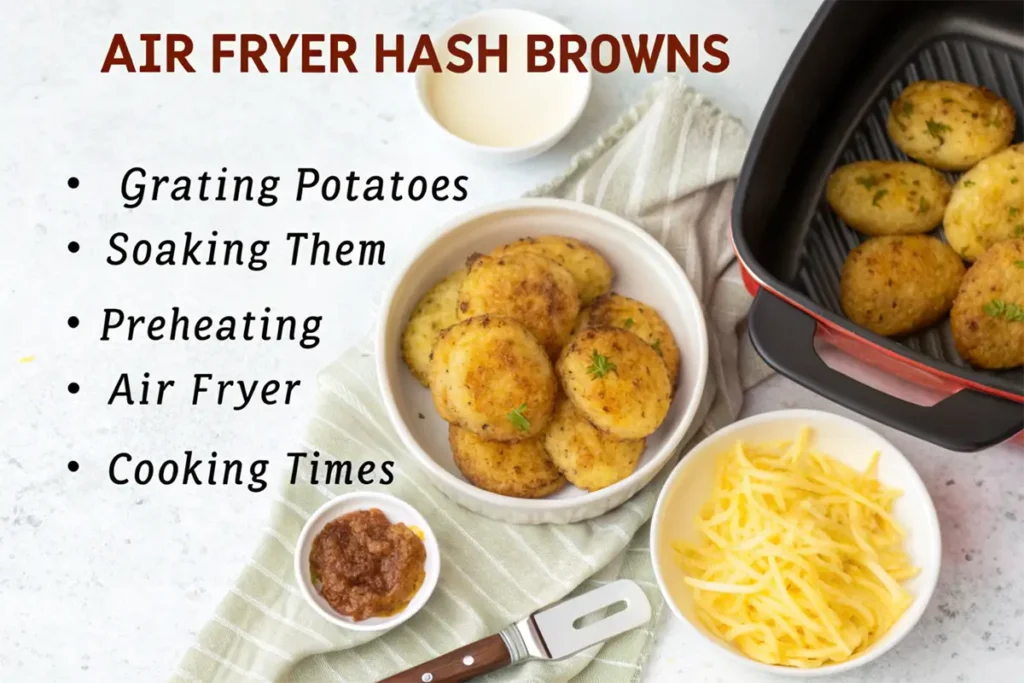 "A bowl of golden air fryer hash browns surrounded by grated potatoes, dipping sauce, and an air fryer, with text overlay highlighting preparation steps."