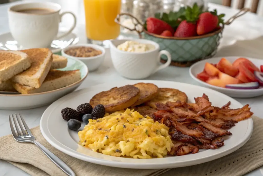 "A hearty breakfast spread with crispy hash browns, scrambled eggs, bacon, toast, fresh fruits, and coffee."