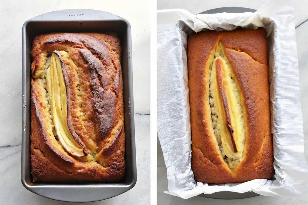 Two loaves of banana bread, one collapsed and uneven, highlighting why did banana bread collapse and how to prevent it.