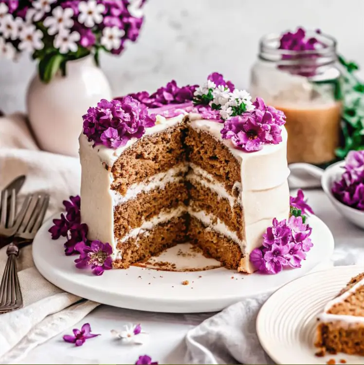 A beautifully designed floral-themed cake with three layers, topped with vibrant purple and white edible flowers, set on a white cake stand. A slice has been cut to reveal its moist interior.