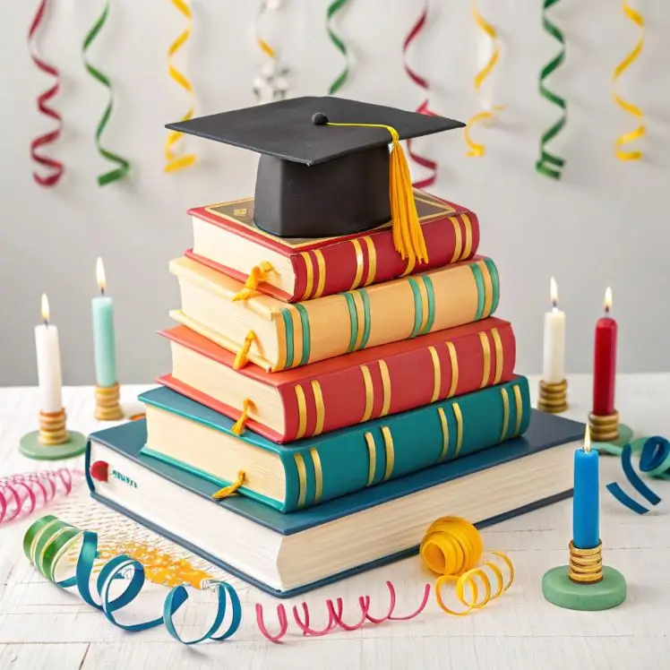 A colorful graduation cake designed to look like a stack of books with a black