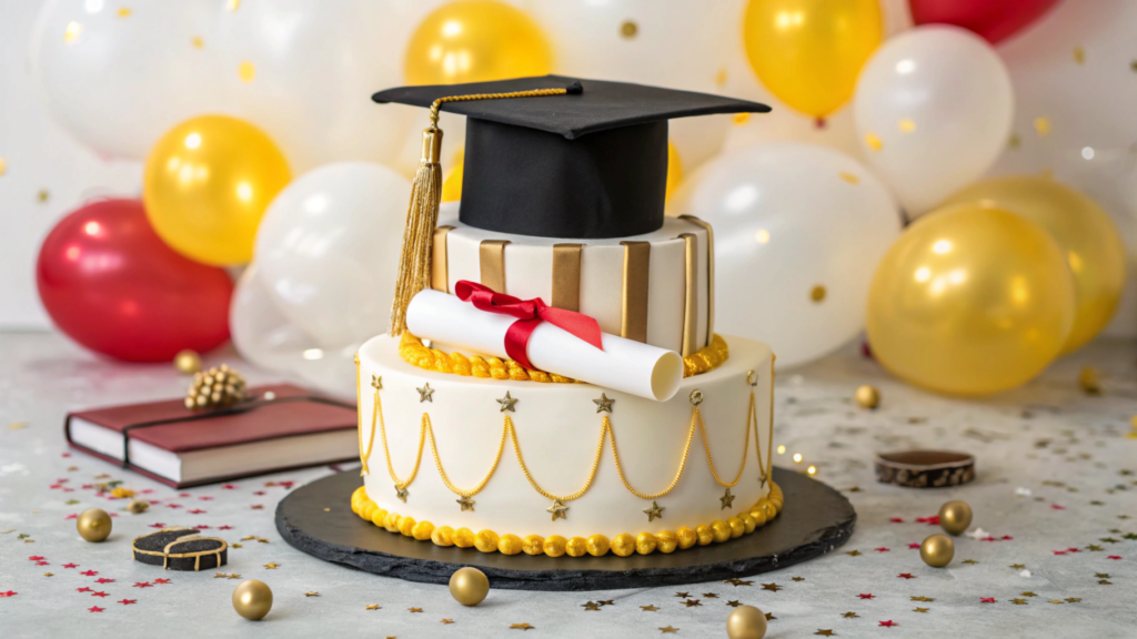 Cakes in graduation ceremonies. A beautifully decorated two-tier graduation cake with a black graduation cap, a diploma, and gold accents, surrounded by festive balloons and decorations.