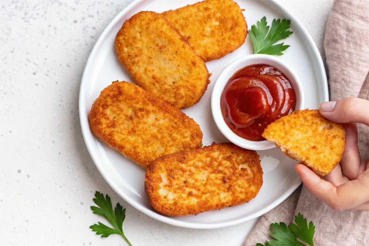 Can you make hash browns in an air fryer? A plate of crispy golden hash browns served with a small bowl of ketchup, garnished with parsley. A hand is holding a piece of hash brown dipped in ketchup.