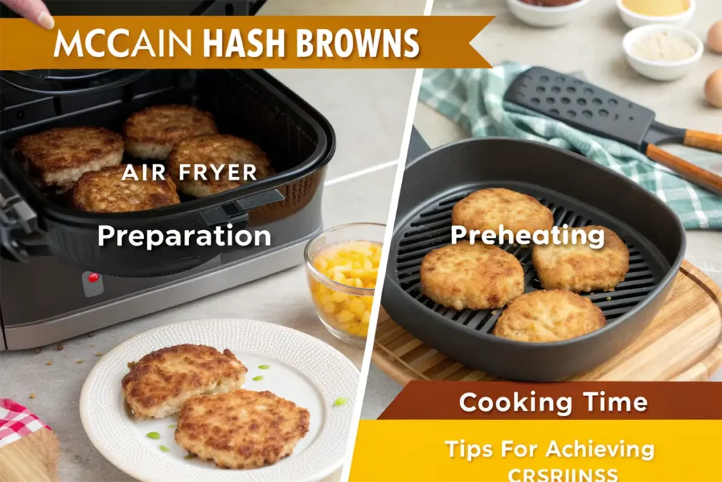 Two panels showing McCain hash browns being prepared in an air fryer and preheated on a grill pan, with tips for achieving crispness.