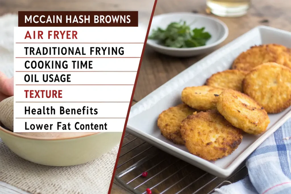 McCain hash browns cooking in an air fryer with a crispy golden texture.