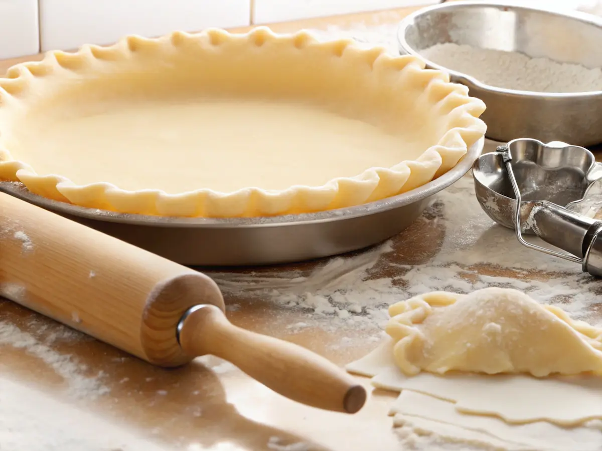 Unbaked pie crust in a metal pan, ready for making chicken pot pie, with a rolling pin and pastry cutter on a floured surface.