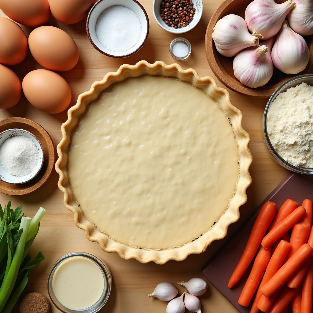 Unbaked chicken pot pie with a creamy filling, surrounded by fresh ingredients like eggs, garlic, carrots, and flour.