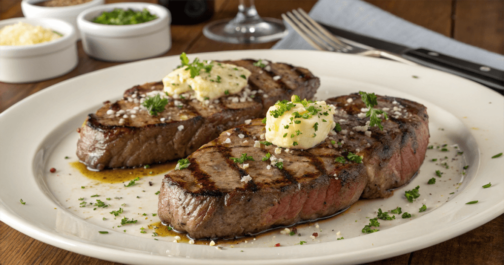 Two grilled chuck eye steaks served on a white plate, topped with garlic butter and garnished with parsleyWhat Is Chuck Eye Steak Called in the UK? with small bowls of seasoning in the background