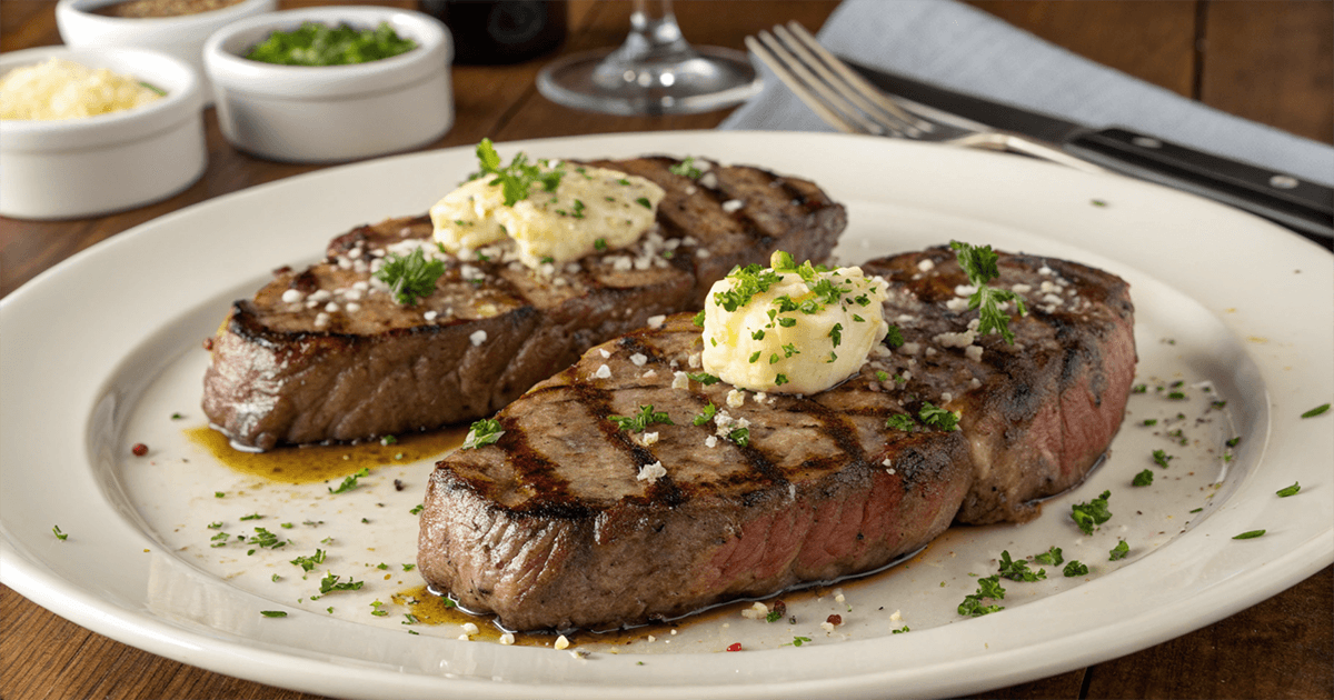 Two grilled chuck eye steaks served on a white plate, topped with garlic butter and garnished with parsley, with small bowls of seasoning in the background