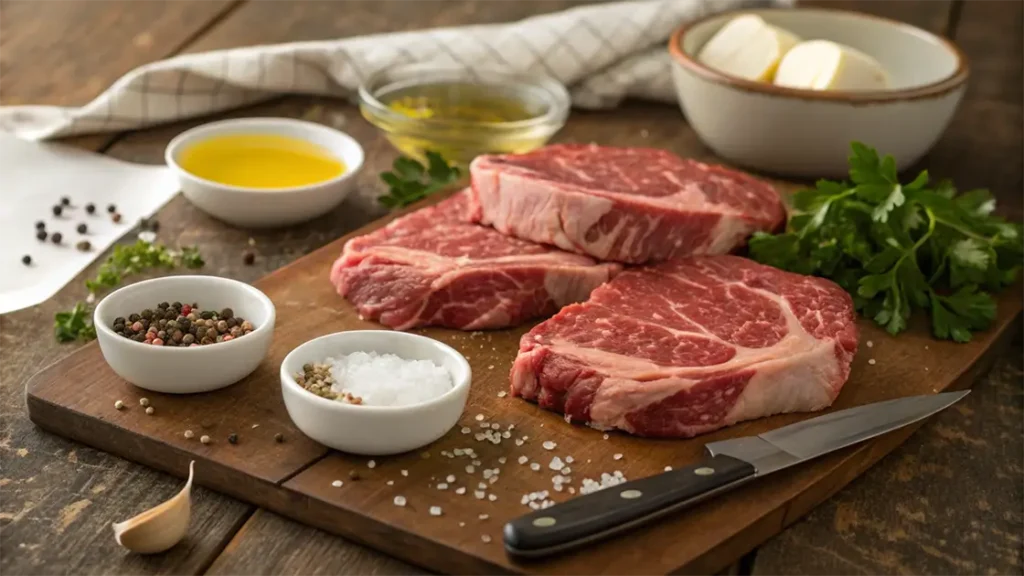 Three raw chuck eye steaks on a wooden cutting board, surrounded by salt, pepper, olive oil, butter, garlic, and fresh parsley.