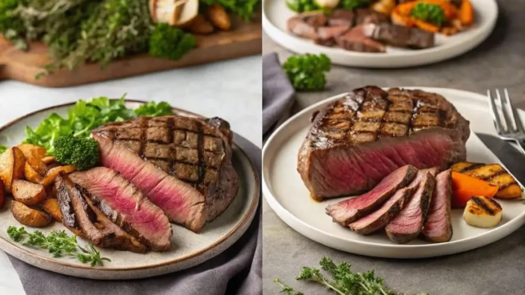 The Ultimate Guide to Beef Steak Names and Cuts A variety of raw beef steak cuts arranged on a dark slate surface, including ribeye, T-bone, and sirloin, garnished with fresh herbs and spices.