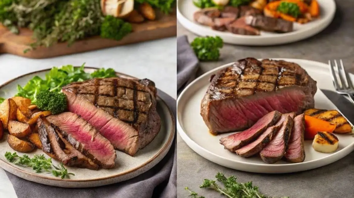 The Ultimate Guide to Beef Steak Names and Cuts A variety of raw beef steak cuts arranged on a dark slate surface, including ribeye, T-bone, and sirloin, garnished with fresh herbs and spices.