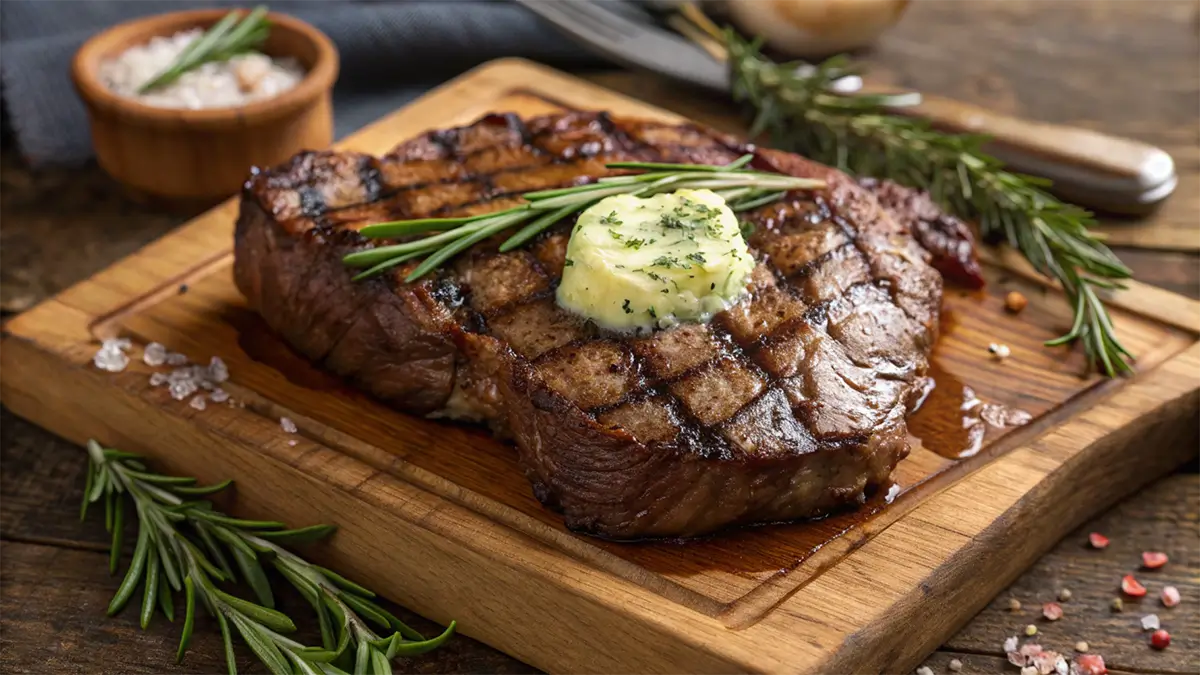 Grilled chuck eye steak served on a wooden board, topped with a pat of garlic butter and garnished with fresh rosemary sprigs.