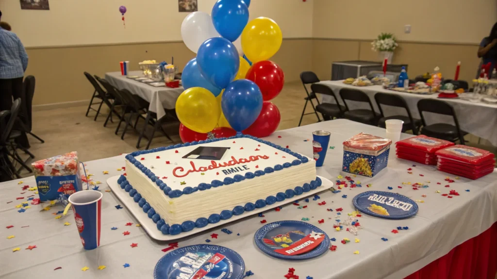 A festive graduation cake with blue and red decorations on a celebration table, surrounded by balloons, party supplies, and confetti.