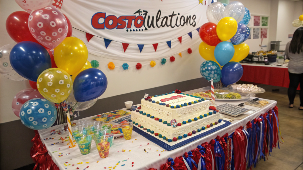 Does Costco do graduation cakes? A beautifully decorated Costco graduation cake on a festive table with balloons, party cups, and celebration decorations.