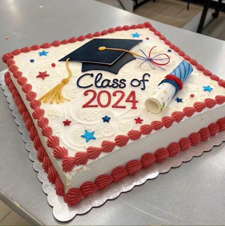 A beautifully decorated graduation cake with "Class of 2024" written in bold letters, featuring a graduation cap, a diploma, and colorful star decorations on a white frosted base.