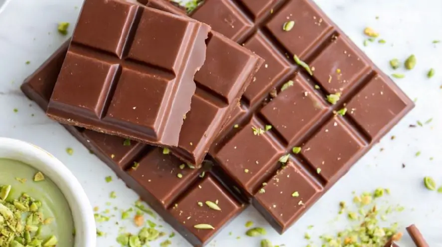 Knafeh Chocolate Bar topped with crushed pistachios, inspired by the flavors of traditional Middle Eastern knafeh dessert.