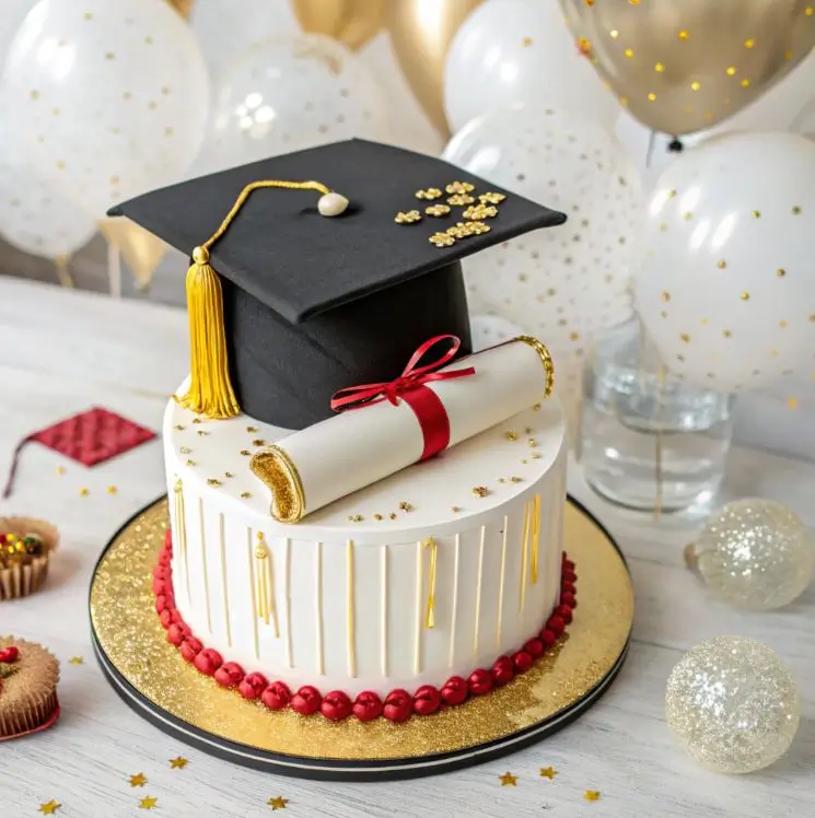 A beautifully decorated graduation cake with a black graduation cap topper, a diploma decoration tied with a red ribbon, gold accents, and red frosting beads, surrounded by balloons and festive decor.