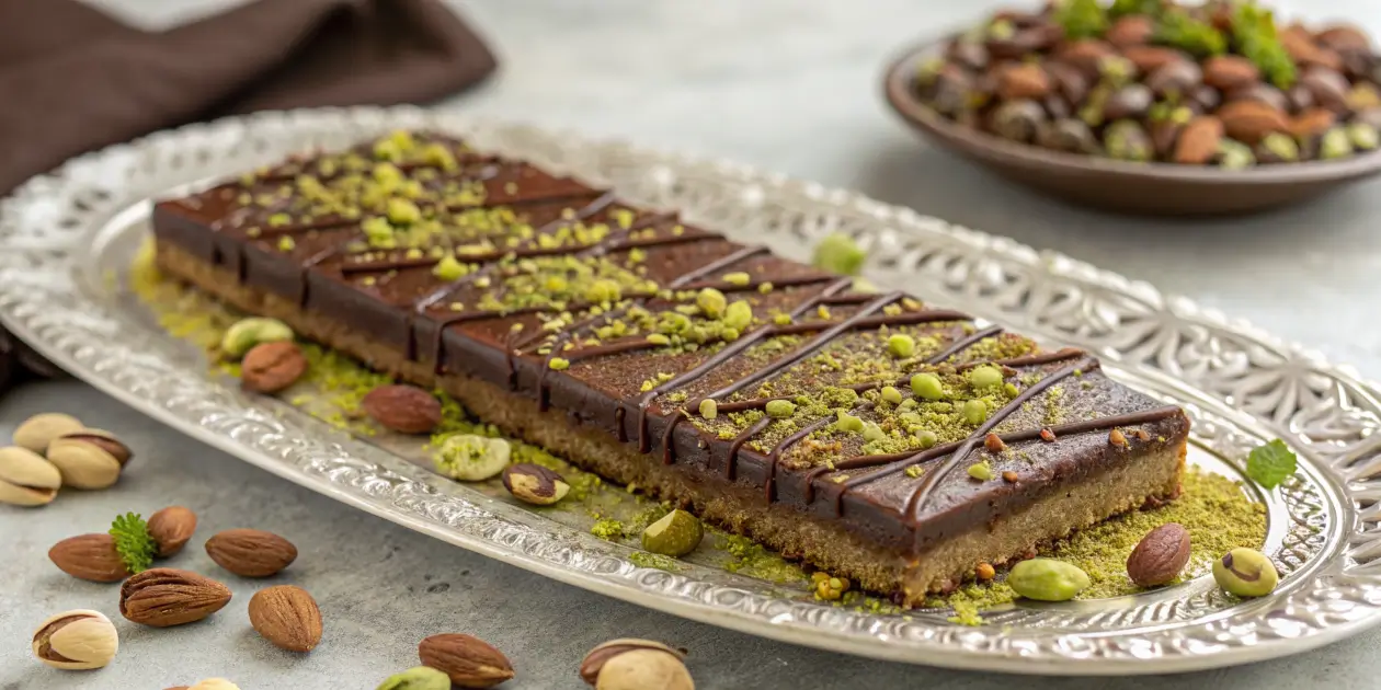 "Kunafa chocolate bar served on a decorative silver platter, topped with crushed pistachios and surrounded by almonds and pistachios."