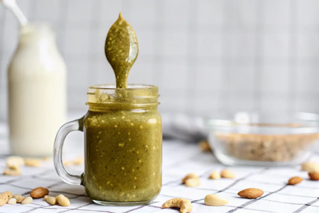 A glass jar filled with thick green nut butter, with a spoon lifting a dollop, surrounded by assorted nuts on a checkered surface.