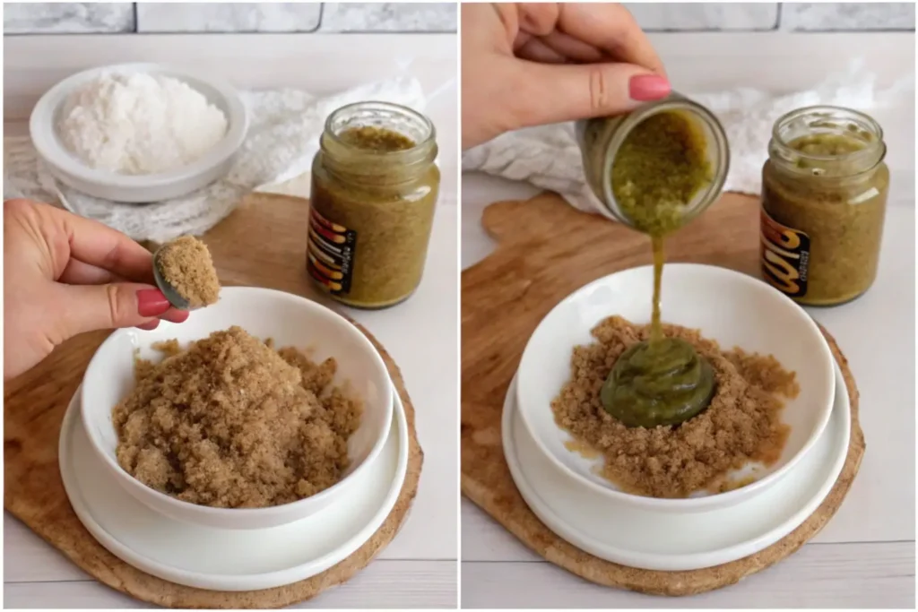Where Did the Knafeh Chocolate Bar Come From? A bowl of brown sugar mixture with a hand holding a spoonful (left) and green syrup being poured over it (right), with a jar of syrup in the background.