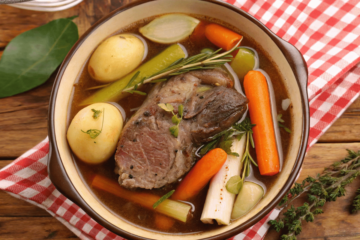 A hearty bowl of soup featuring a large piece of cooked meat, baby potatoes, carrots, celery, and herbs, served in a rustic dish with a checkered napkin beneath.