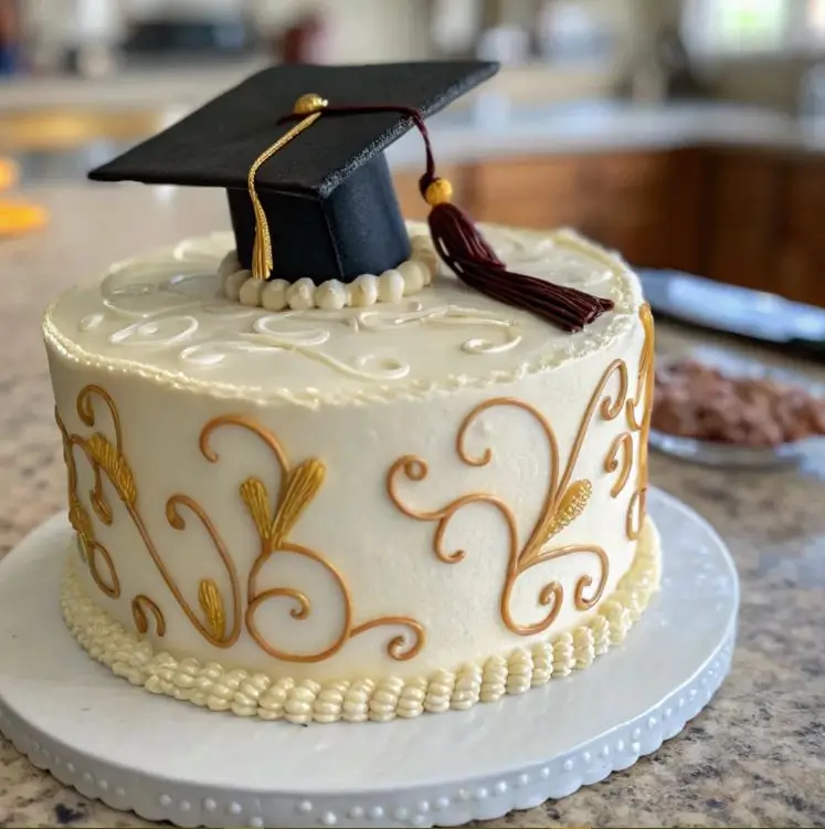 A beautifully decorated white graduation cake with gold piping accents, featuring an edible black graduation cap topper with a maroon tassel.