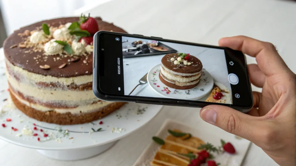 A close-up of a hand holding a smartphone to photograph a layered cake with chocolate topping, whipped cream, and strawberries, displayed on a white plate with decorative garnishes.