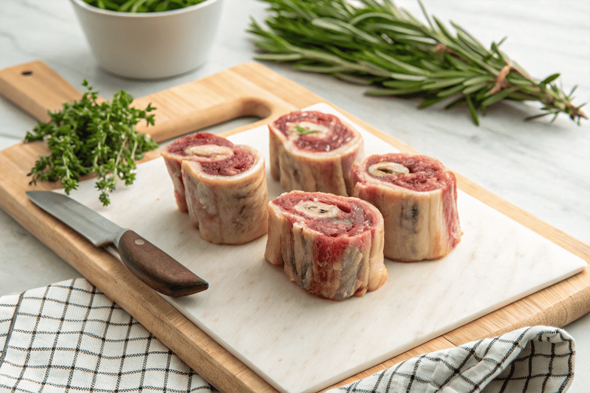 Four raw beef marrow bones cut into sections on a marble cutting board, accompanied by fresh herbs, a knife, and a kitchen towel.