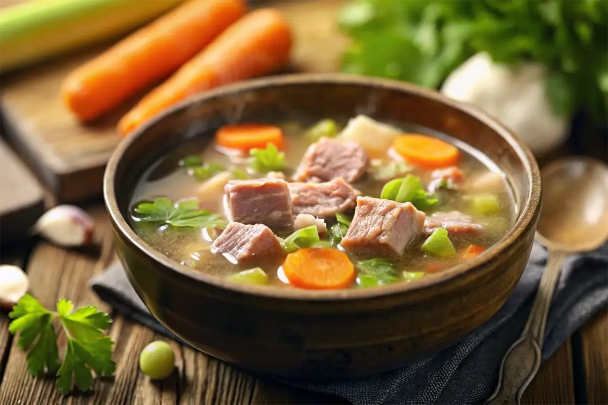 A bowl of hearty soup featuring chunks of meat, carrots, celery, and parsley in a flavorful