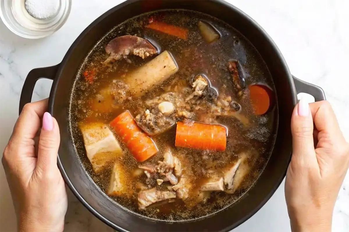 A steaming pot of homemade soup bone broth with visible chunks of bones, carrots, and other ingredients.