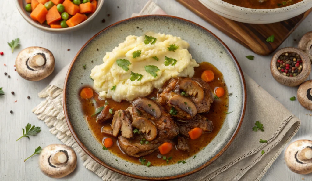What do you do with the turkey tail? A delicious plate of braised turkey tails with mushrooms, carrots, and rich gravy, served with mashed potatoes and garnished with fresh herbs.