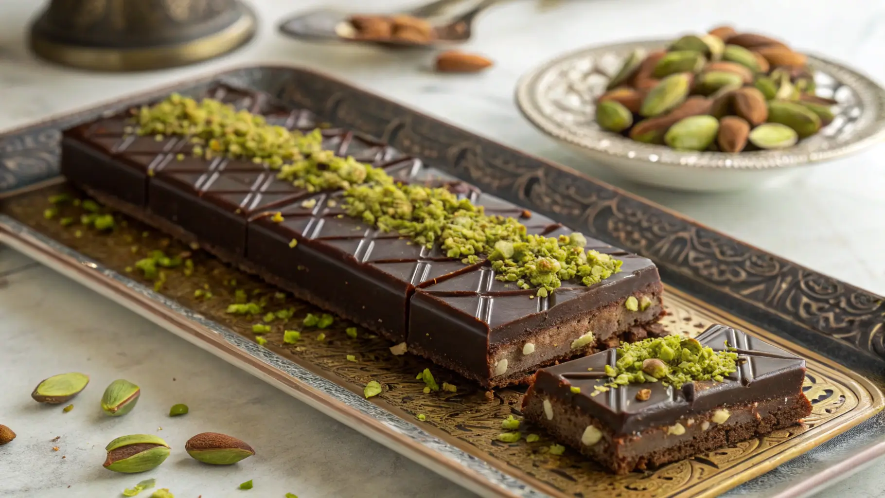 What is a Knafeh Chocolate Bar? A luxurious knafeh chocolate bar topped with crushed pistachios, served on a decorative platter with mixed nuts in the background.