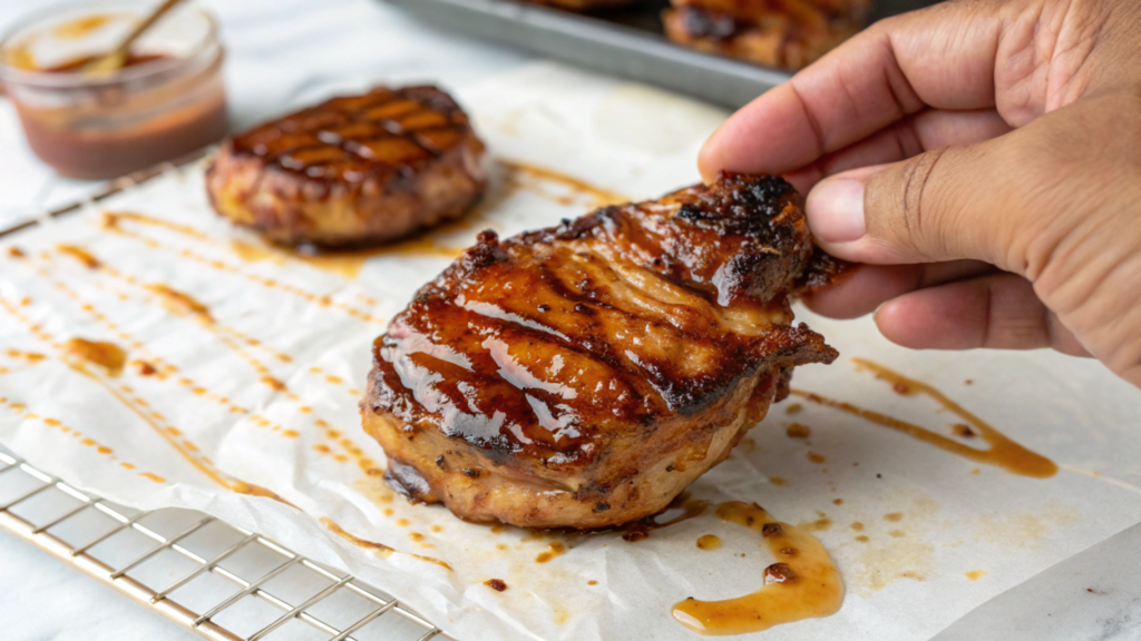 hand-picking-up-glazed-pork-chop-from-baking-rack-shiny-sauce-grill-marks-visible