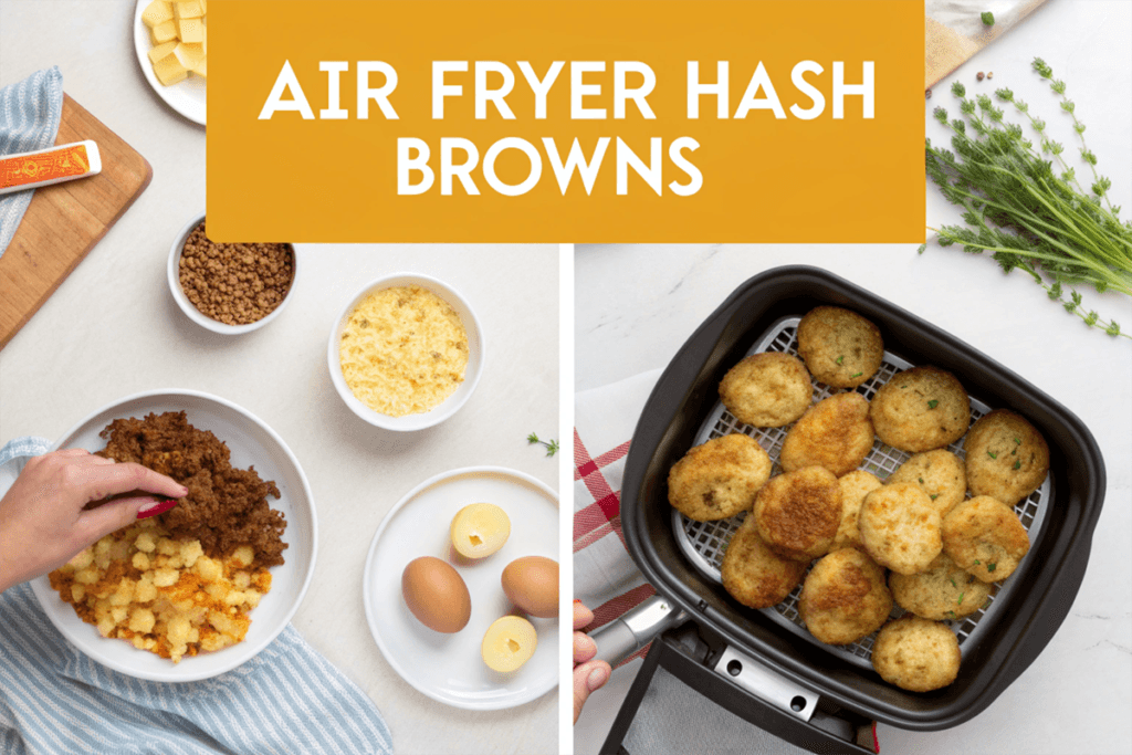 Step-by-step process for preparing homemade hash browns in an air fryer, including ingredients like grated potatoes, eggs, cheese, and seasoning.