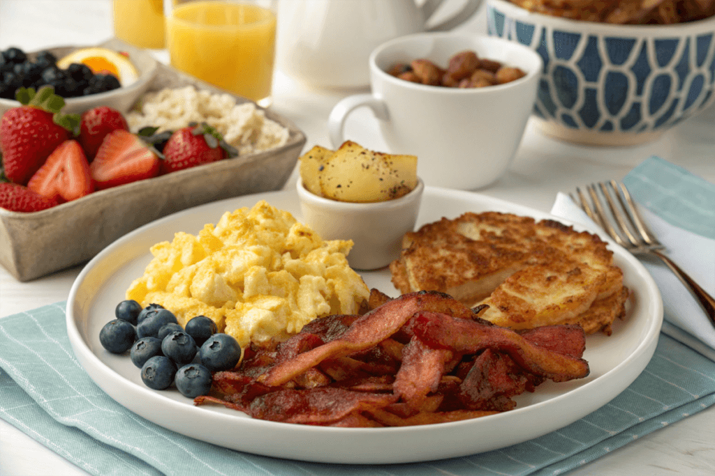 A hearty breakfast spread featuring scrambled eggs, crispy bacon, golden hash browns, fresh blueberries, and strawberries, accompanied by a side of roasted potatoes and orange juice.