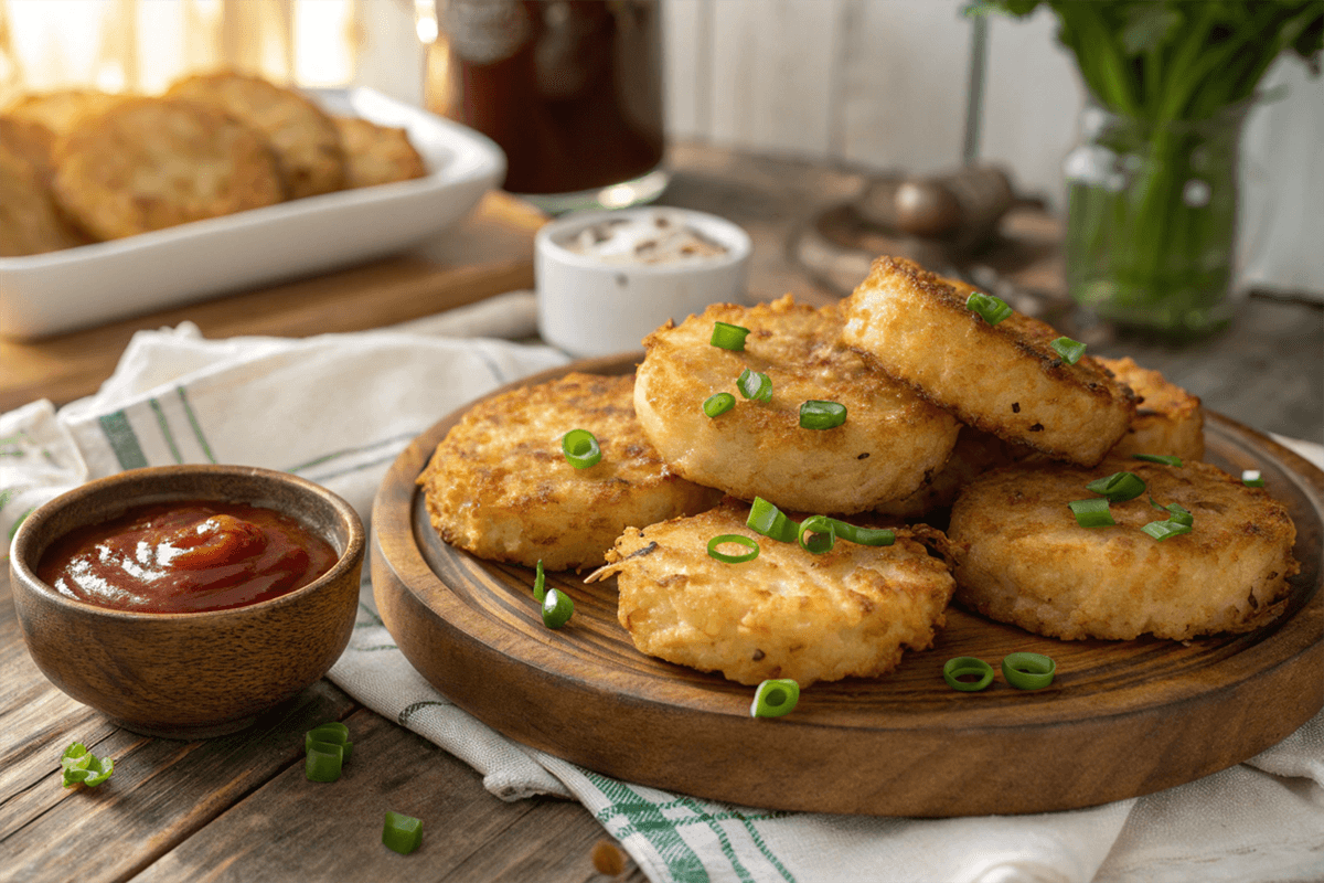 Golden-brown hash browns garnished with chopped green onions, served on a wooden platter alongside ketchup and creamy dip.