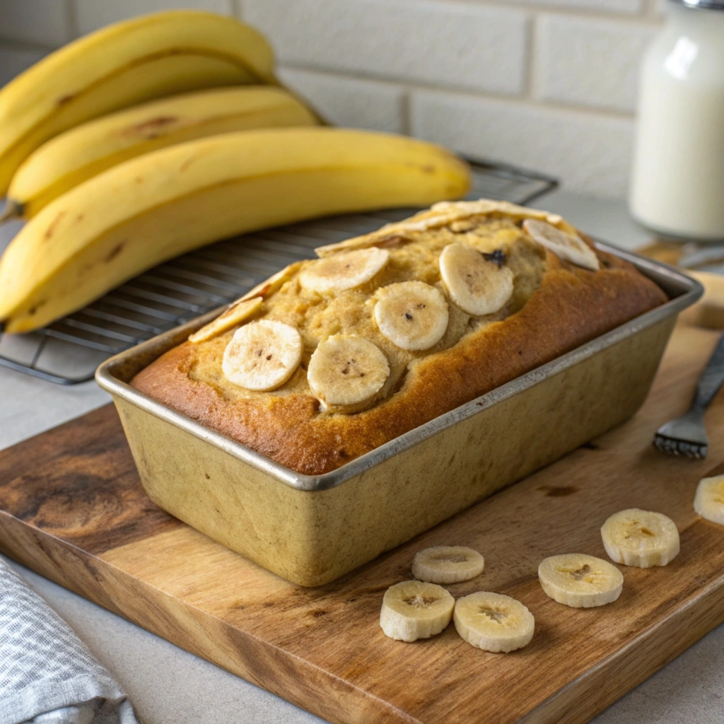 Banana bread topped with fresh banana slices in a loaf pan