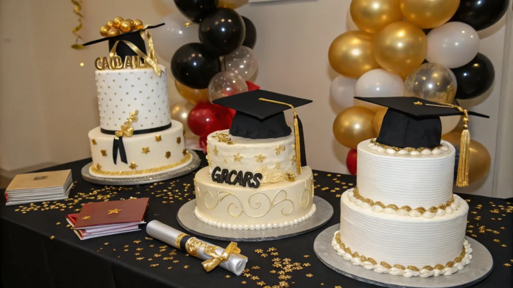 Beautifully decorated graduation cakes featuring black graduation caps, gold accents, and celebratory designs, surrounded by black, gold, and white balloons.