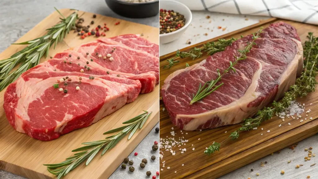 Is Chuck Eye Steak the same as Ribeye? Side-by-side comparison of raw ribeye steak (left) and chuck eye steak (right) on wooden cutting boards, garnished with rosemary, salt, and pepper.