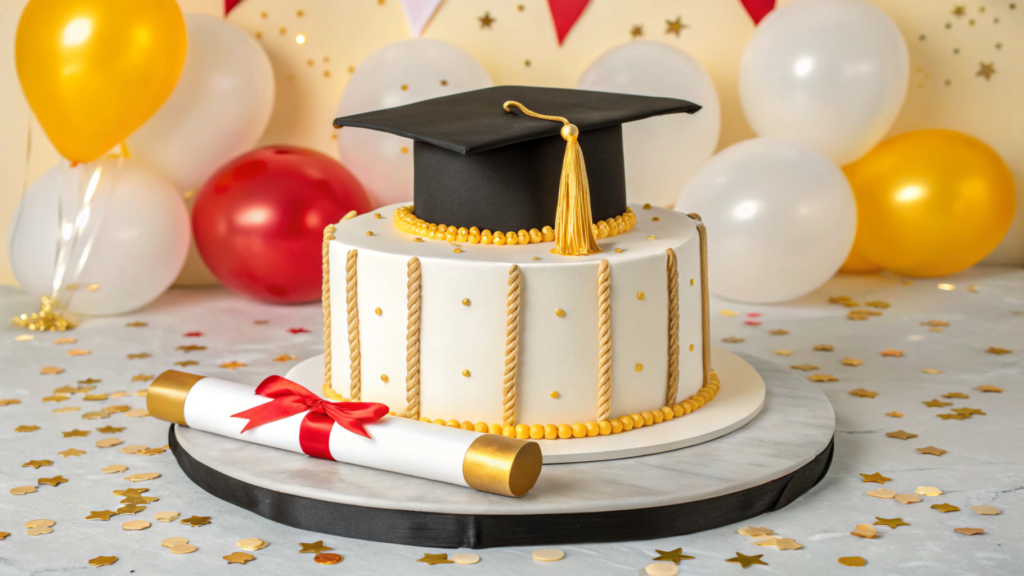 A beautifully decorated two-tier graduation cake with a black graduation cap, a diploma, and gold accents, surrounded by festive balloons and decorations.
