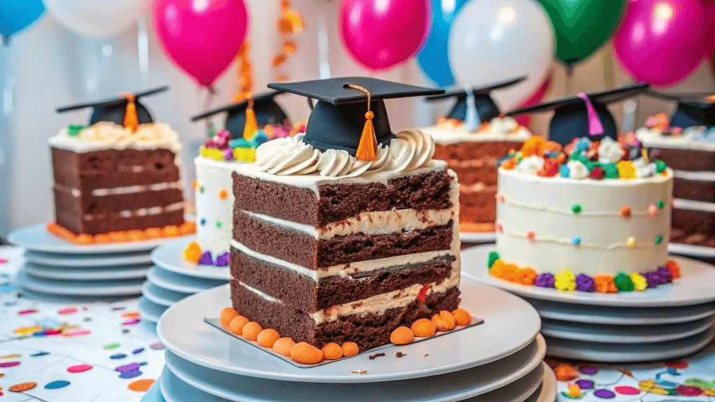 A close-up of a slice of layered chocolate graduation cake topped with whipped cream and a fondant graduation cap, surrounded by colorful cakes and balloons in the background.