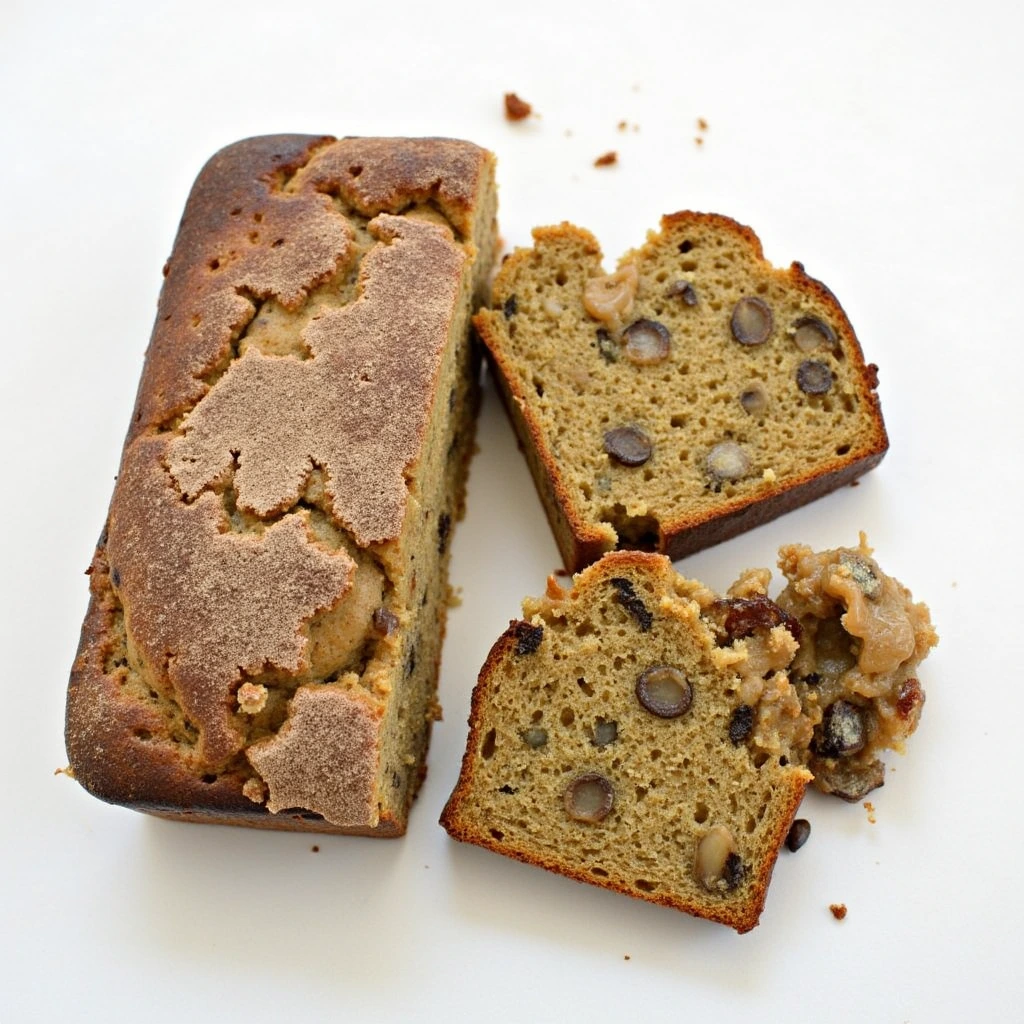 Undercooked banana bread with wet center and dense texture