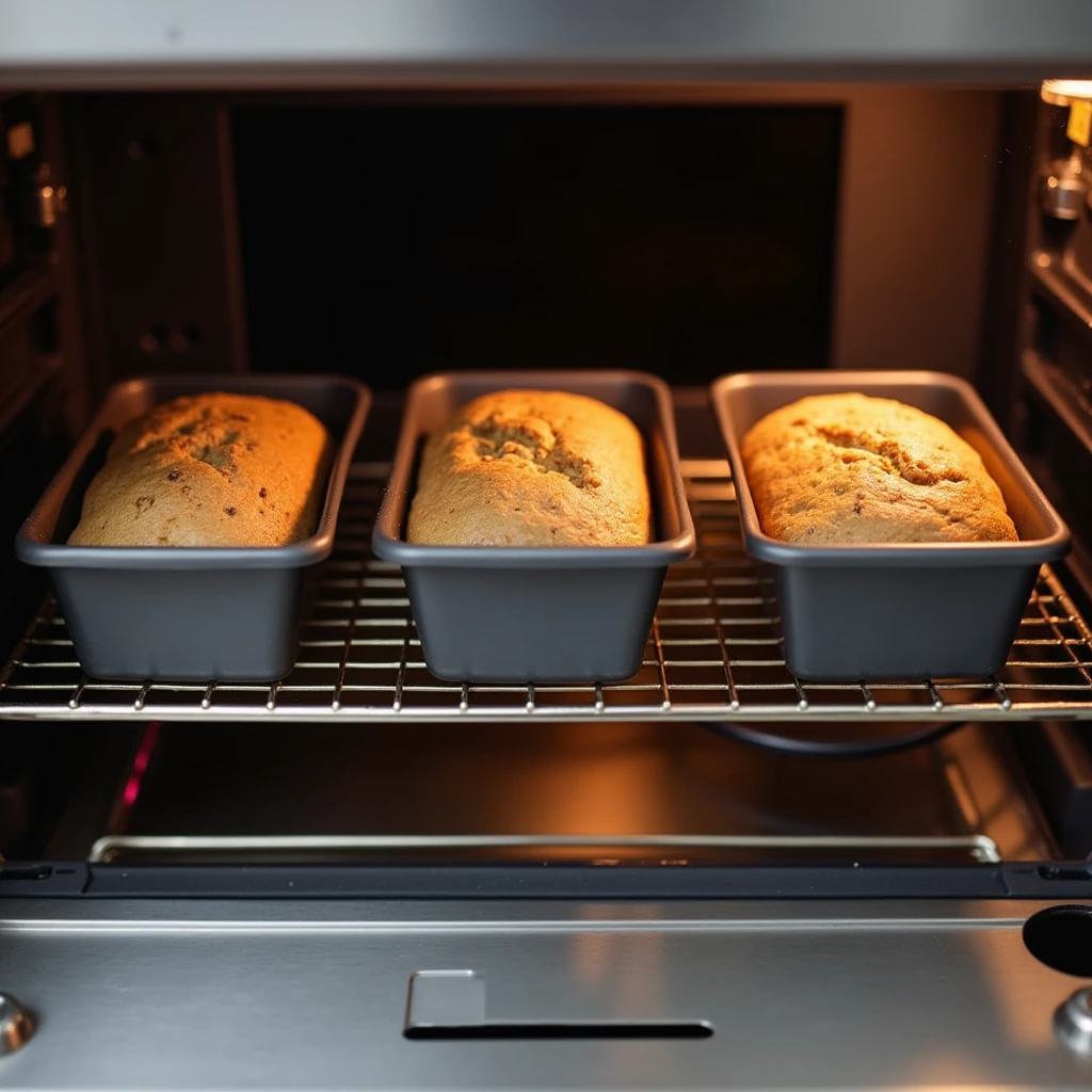 Banana bread loaves baking in oven with golden tops