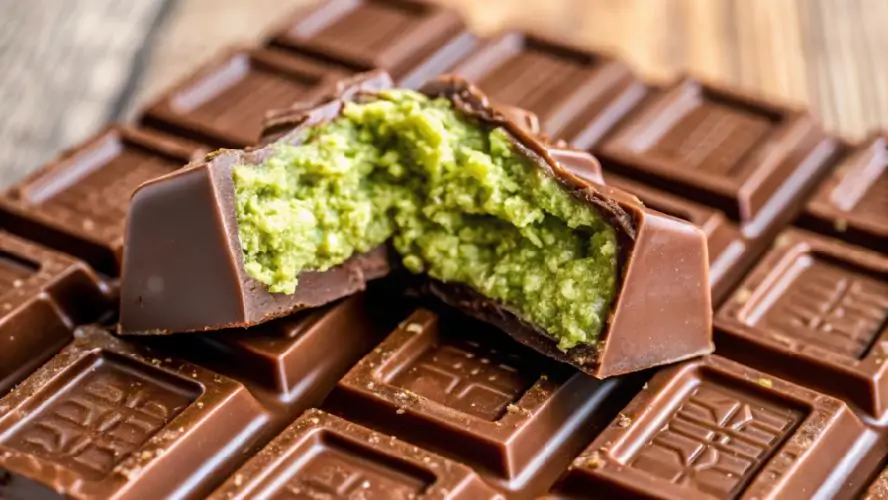 Kunafa chocolate bar split open to reveal its vibrant green pistachio filling, placed on a textured chocolate base