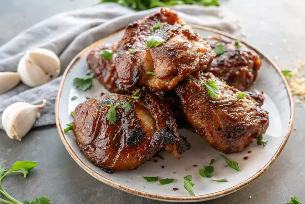 Smoked turkey tails served on a white plate with herbs
