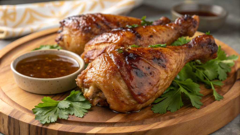 Smoked turkey tails with glaze and parsley on a wooden board